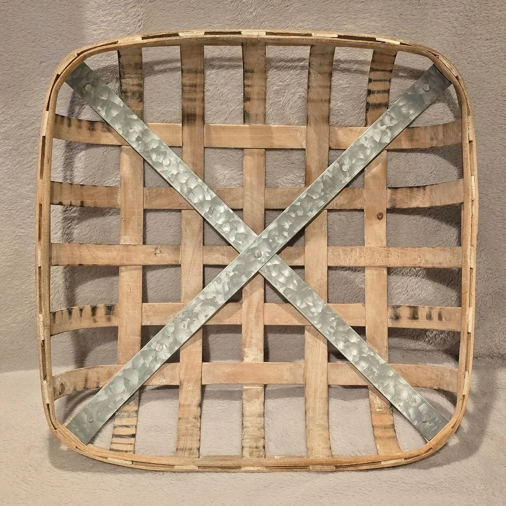 Farmhouse Square Woven Wood Tobacco Basket with Galvanized Metal X-Brace Decor